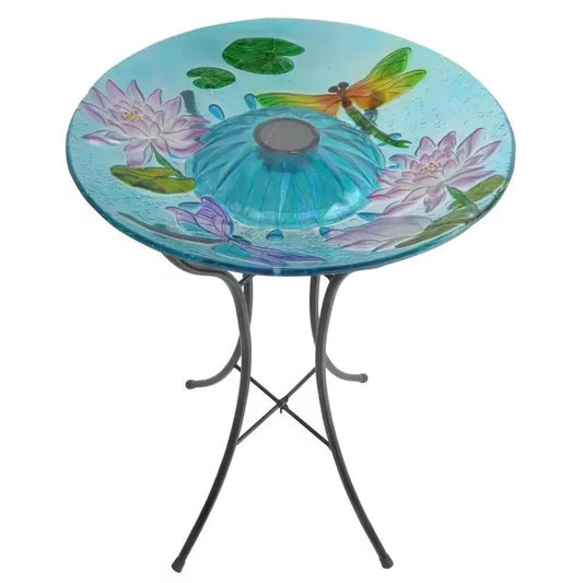 Outdoor Glass Bird Bath on black metal stand with blue floral dragonfly top on Tampa Home & Garden Store