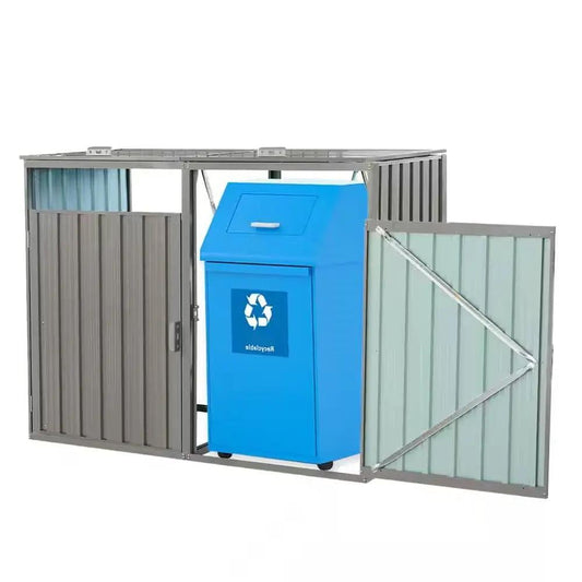 Outdoor Grey Galvanized Steel Garbage Bin Storage Shed - Holds 2 Trash Cans - Tampa Home & Garden Store