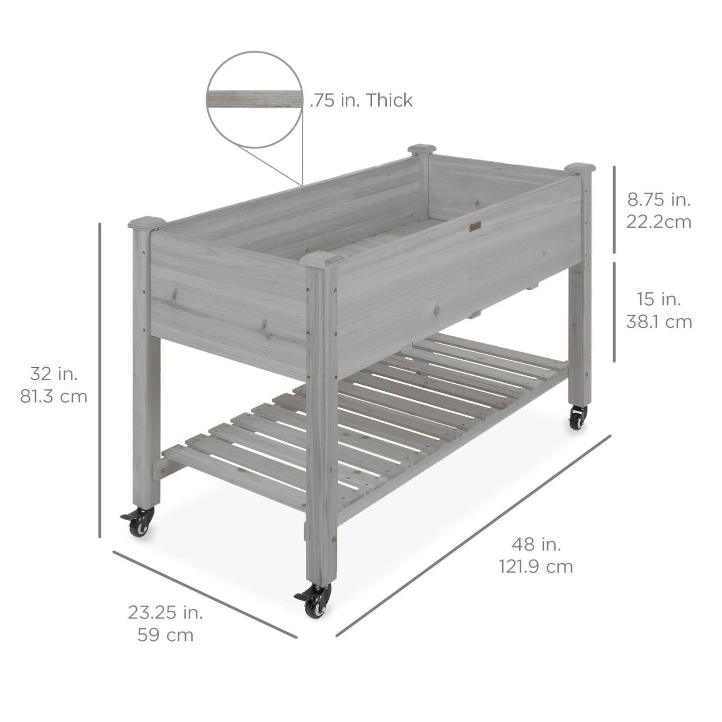 Outdoor Grey Wood Raised Garden Bed Planter Box with Shelf and Locking Wheels - Tampa Home & Garden Store