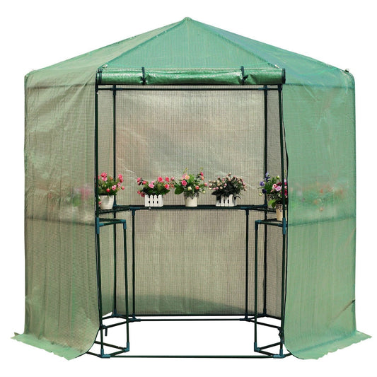 Outdoor Hexagon Greenhouse 6.5 x 7 Ft with Steel Frame PE Cover and Shelves - Tampa Home & Garden Store