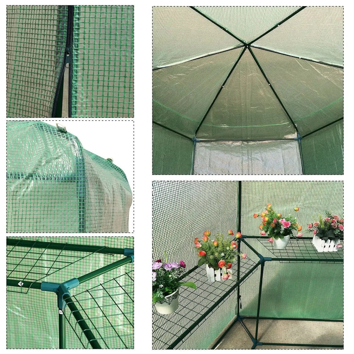 Hexagon Greenhouse 6.5x7 ft steel-frame with PE cover and shelves on Tampa Home & Garden Store