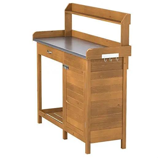 Outdoor Potting Bench with wooden frame, metal tabletop, and storage cabinet by HomePacific on Tampa Home & Garden Store