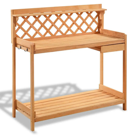Outdoor wooden potting bench with lattice back and storage drawer by HomePacific on Tampa Home & Garden Store