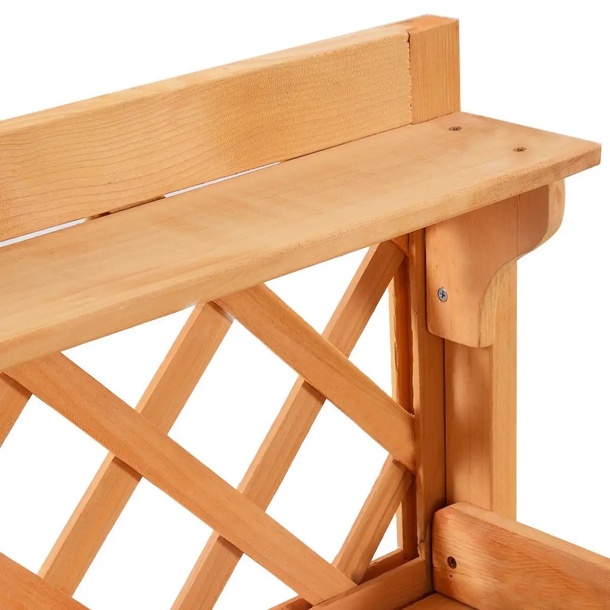 Outdoor wooden potting bench with storage drawer, natural pine, lattice panel accents on Tampa Home & Garden Store