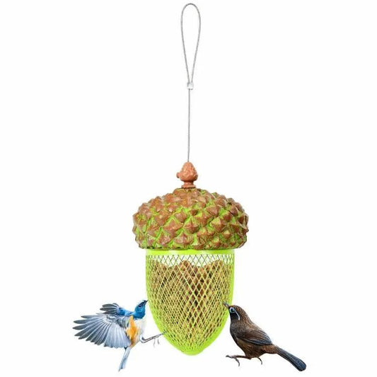 Outdoor Metal Mesh Bird Feeder with Acorn Roof limegreen body brown cap hanging loop birds on Tampa Home & Garden Store