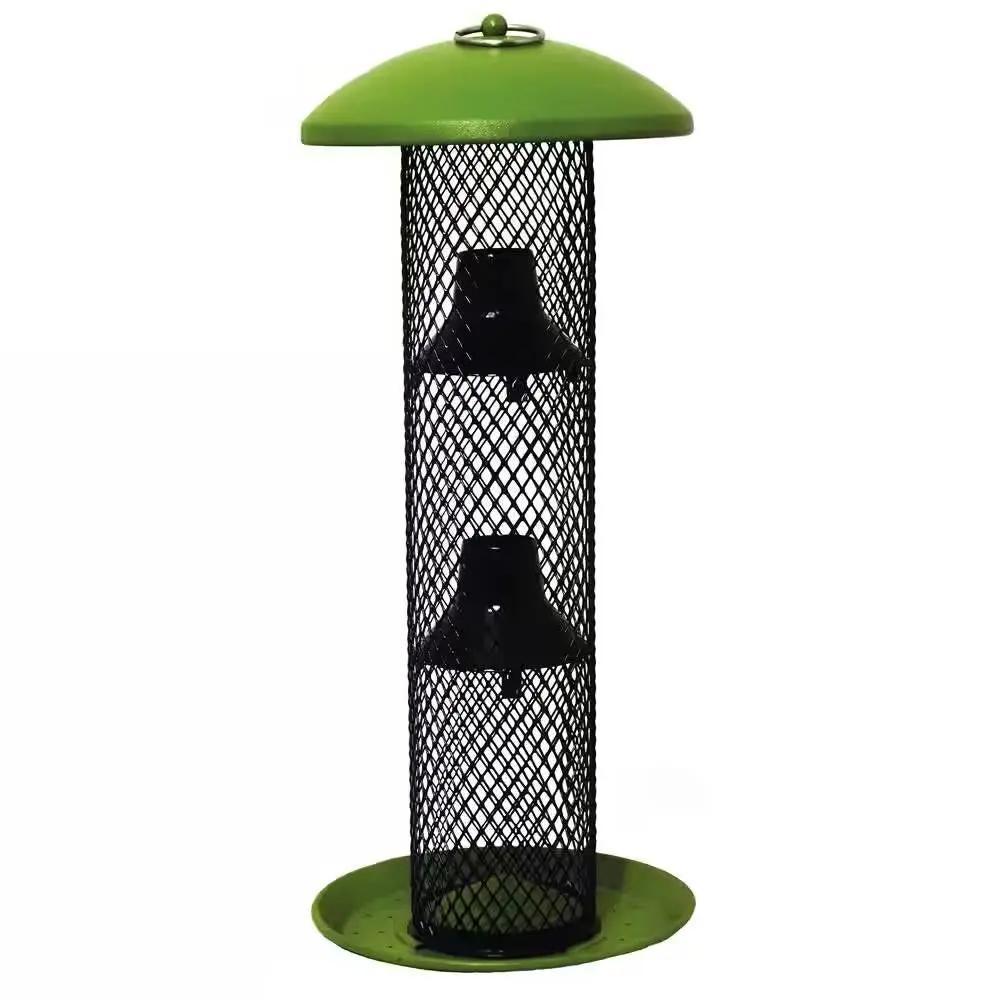 Outdoor metal mesh tube bird feeder with green top and base and perch, dual feeding ports on Tampa Home & Garden Store