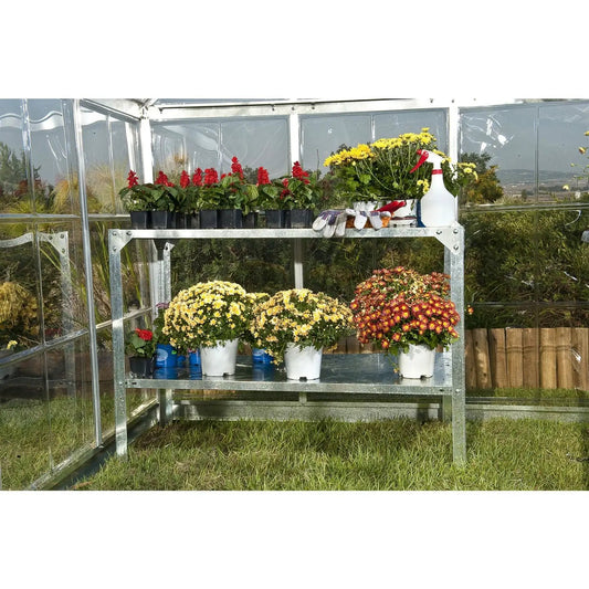 Outdoor metal potting bench in steel with red pots on top and chrysanthemums bottom on Tampa Home & Garden Store