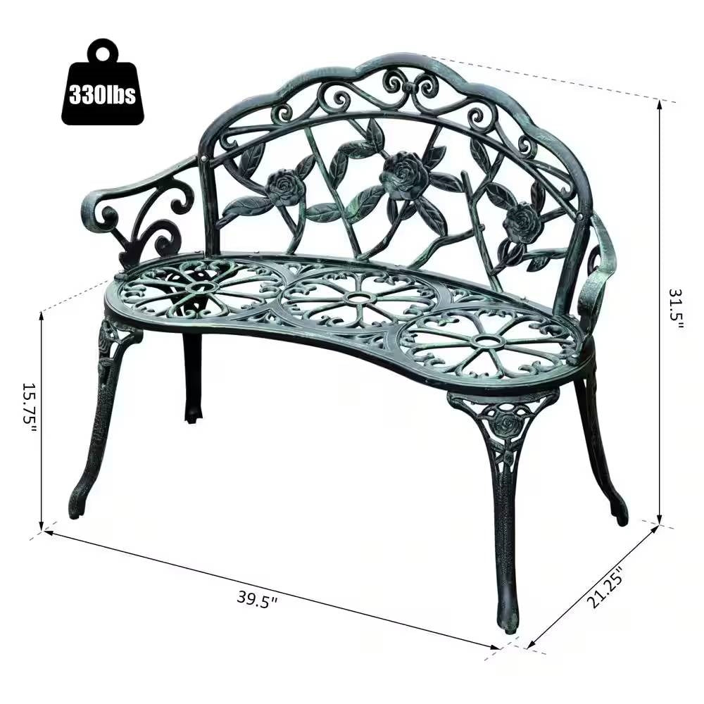 Outdoor Patio 40-inch Garden Bench with Backrest in Antique Green Metal Finish - Tampa Home & Garden Store