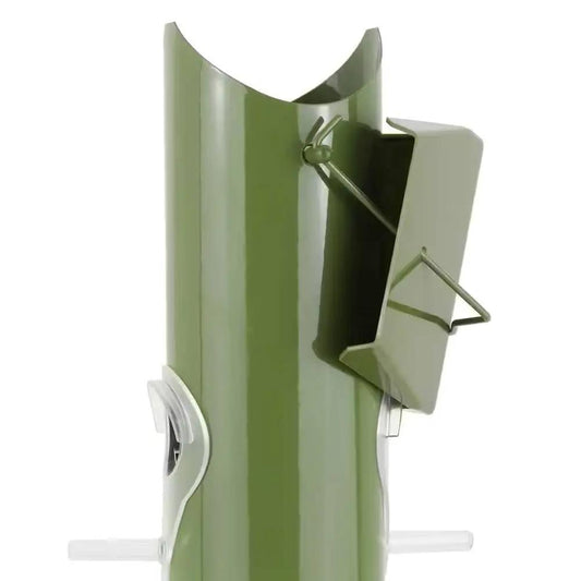 Olive green metal tube bird feeder with six ports for outdoor use on Tampa Home & Garden Store