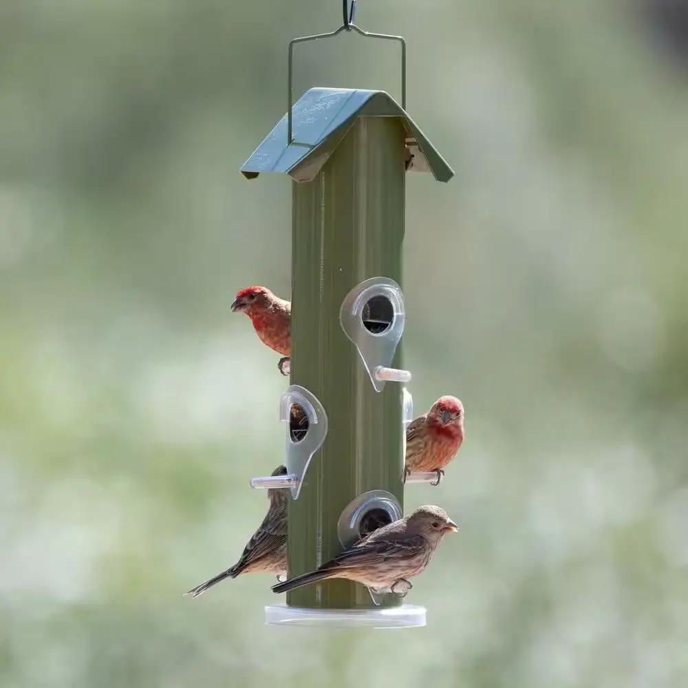Olive green metal tube bird feeder with six ports for outdoor use on Tampa Home & Garden Store