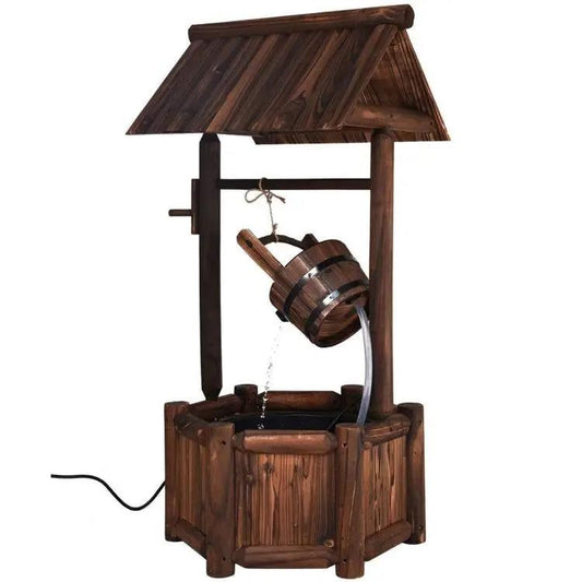 Outdoor solid wood wishing well fountain with pump in dark brown finish on Tampa Home & Garden Store
