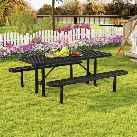 Outdoor Picnic Table and Bench Set for 8 Person with Seats and Mesh Grid-Black - Tampa Home & Garden Store