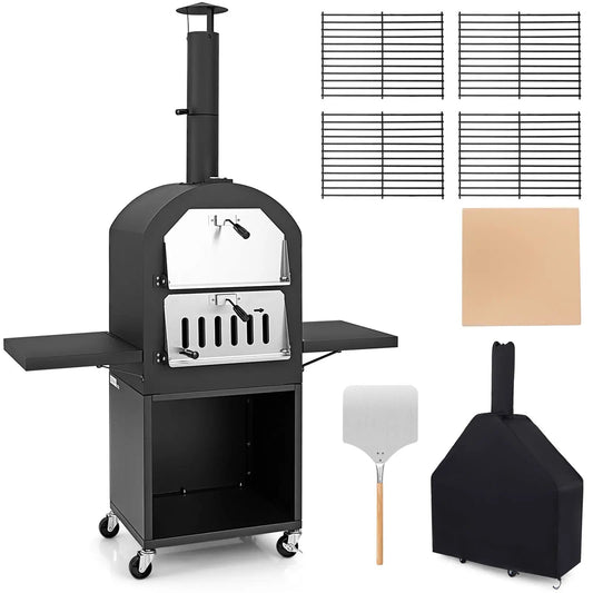 Outdoor Pizza Oven DirectDeals with cover, black steel, thermometer, 4 grill racks on Tampa Home & Garden Store