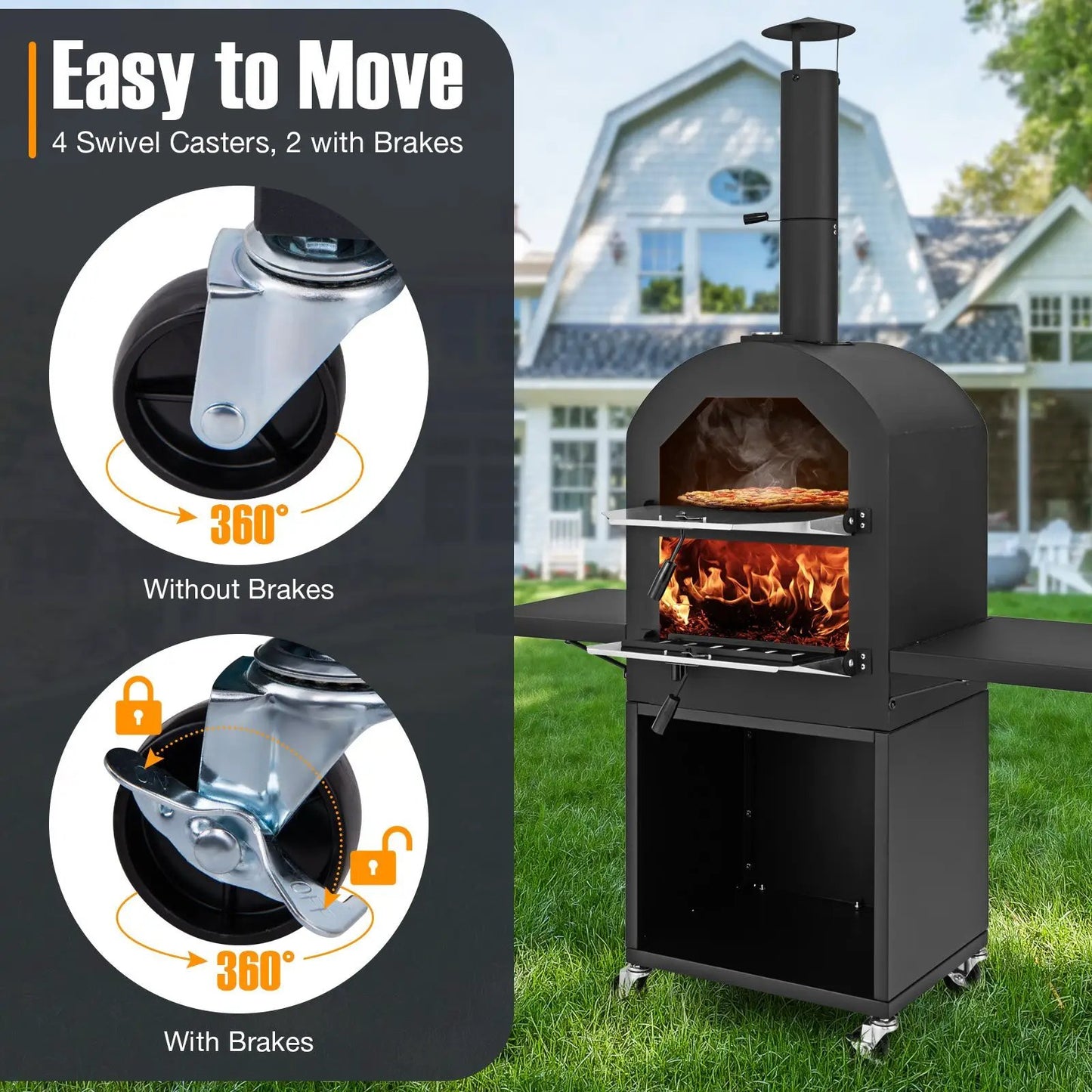 Outdoor Pizza Oven DirectDeals black wheeled stand with four swivel casters and grill racks on Tampa Home & Garden Store