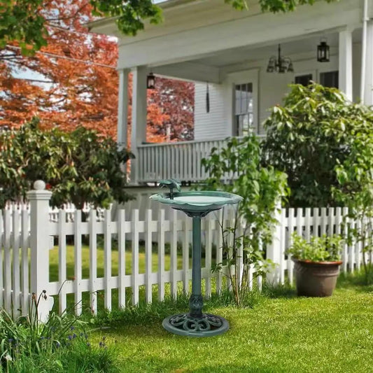 Outdoor Polypropylene Bird Bath in Dark Green by HomePacific with decorative pedestal on Tampa Home & Garden Store