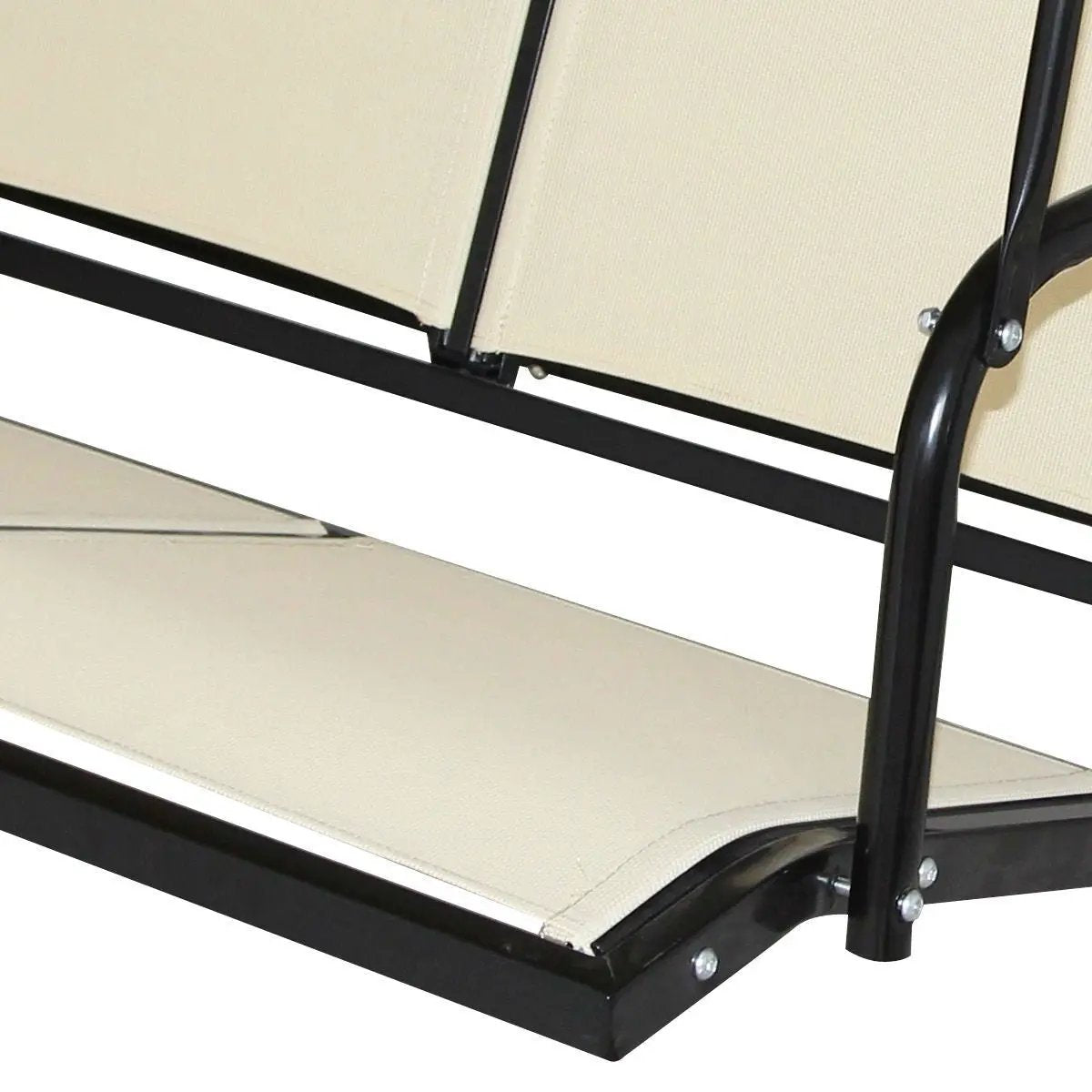 Outdoor 3-Person canopy swing with beige cushions and black metal frame on Tampa Home & Garden Store