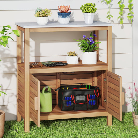 Outdoor Potting Bench Acacia Wood Garden Potting Table Planting Work Bench Station with Louvered Doors - Tampa Home & Garden Store
