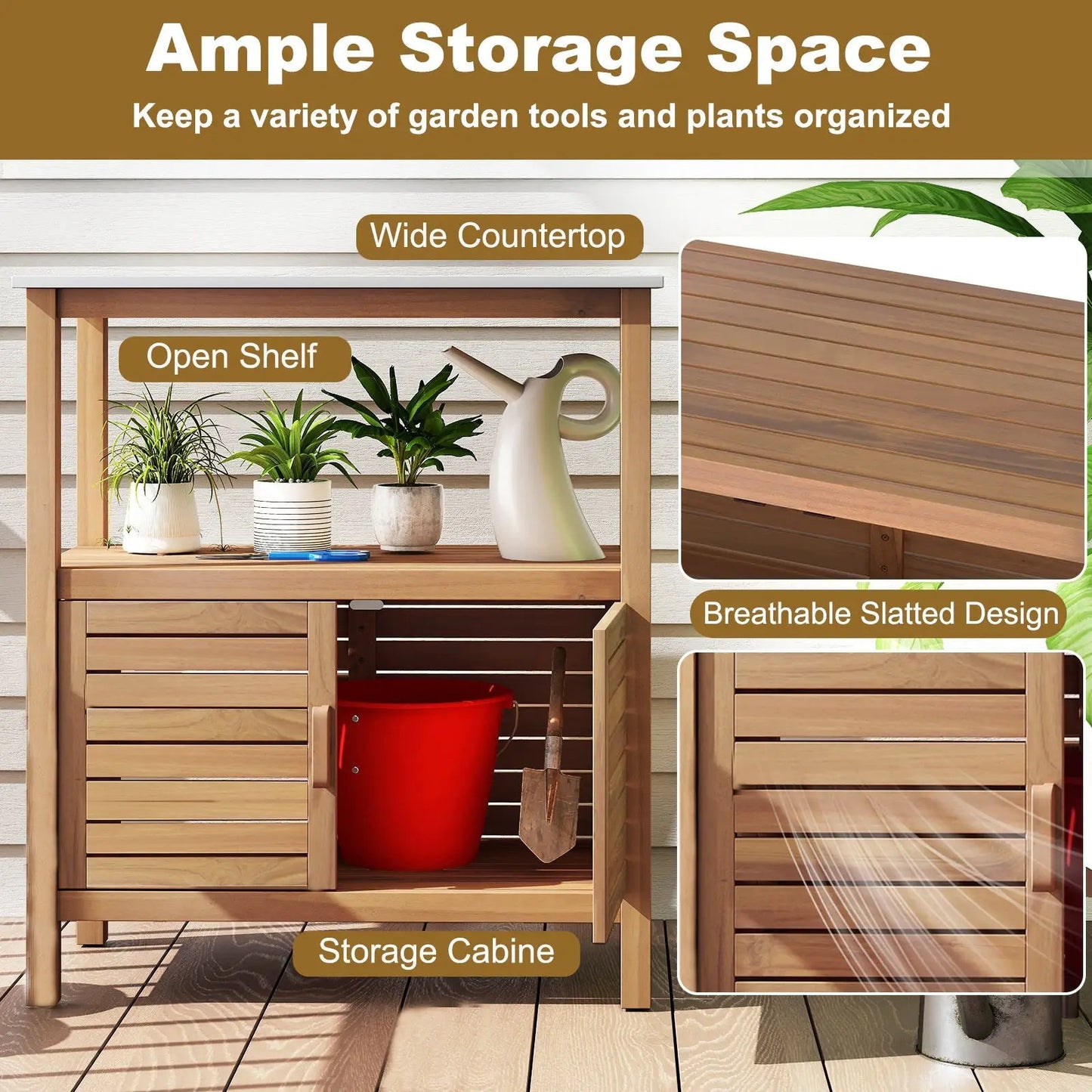 Outdoor potting bench in acacia wood with wide countertop and open shelf on Tampa Home & Garden Store
