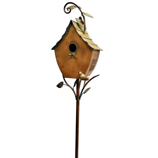Powder coated iron birdhouse on copper garden stake with decorative leaves and bird figure on Tampa Home & Garden Store