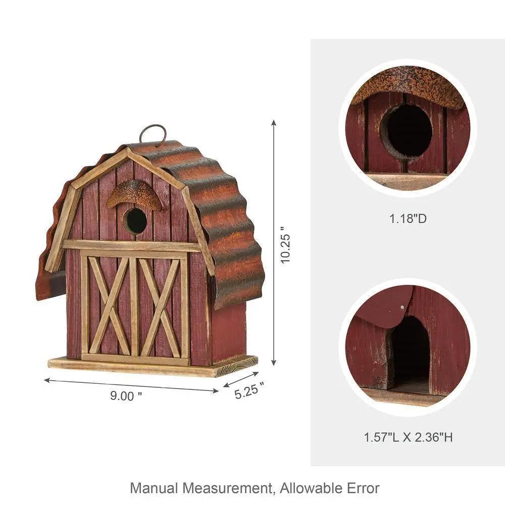 Outdoor Red Wood and Metal Barn Style Bird House by HomePacific, rustic red wood with metal roof on Tampa Home & Garden Store