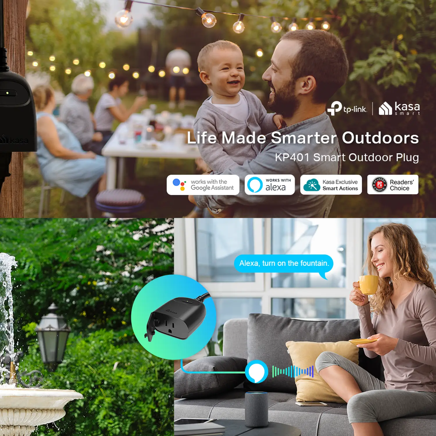 Outdoor Smart Plug WiFi Outlet Timer by Kasa, black single-socket outdoor plug on wood post on Tampa Home & Garden Store