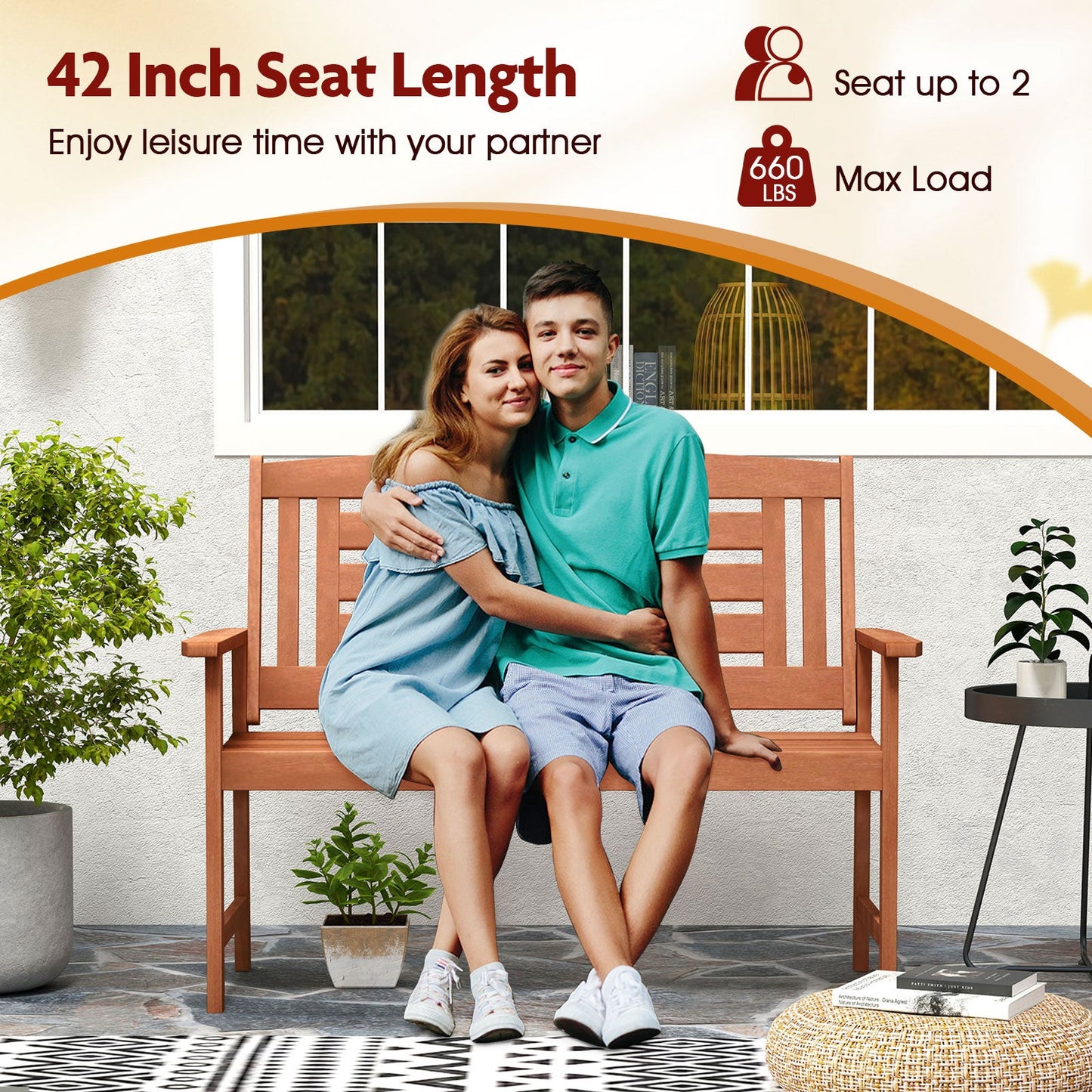Outdoor Solid Wood Loveseat Hardwood 2-Seat Bench with Inclined Backrest and Slatted Seat