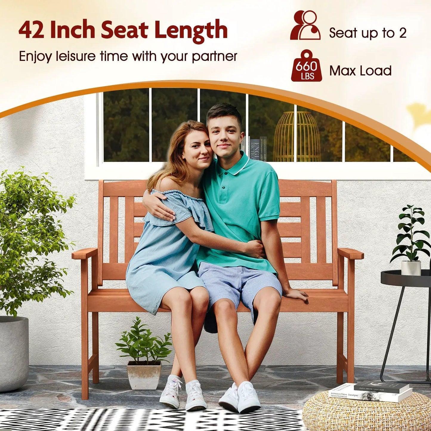 Outdoor wood loveseat with backrest, slatted seat in natural finish; seats up to 2 on Tampa Home & Garden Store