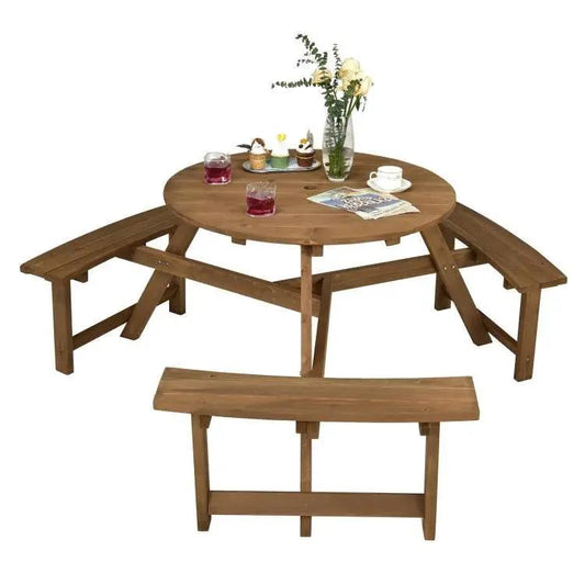 Outdoor Solid Wood Round Picnic Table Set with Umbrella Hole and 3 Benches - Tampa Home & Garden Store