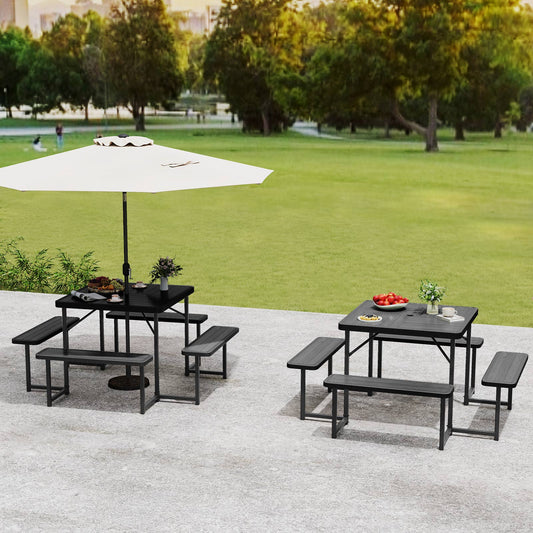 Outdoor Square Picnic Table Bench Set for 4-8 People with Umbrella Hole-Black - Tampa Home & Garden Store