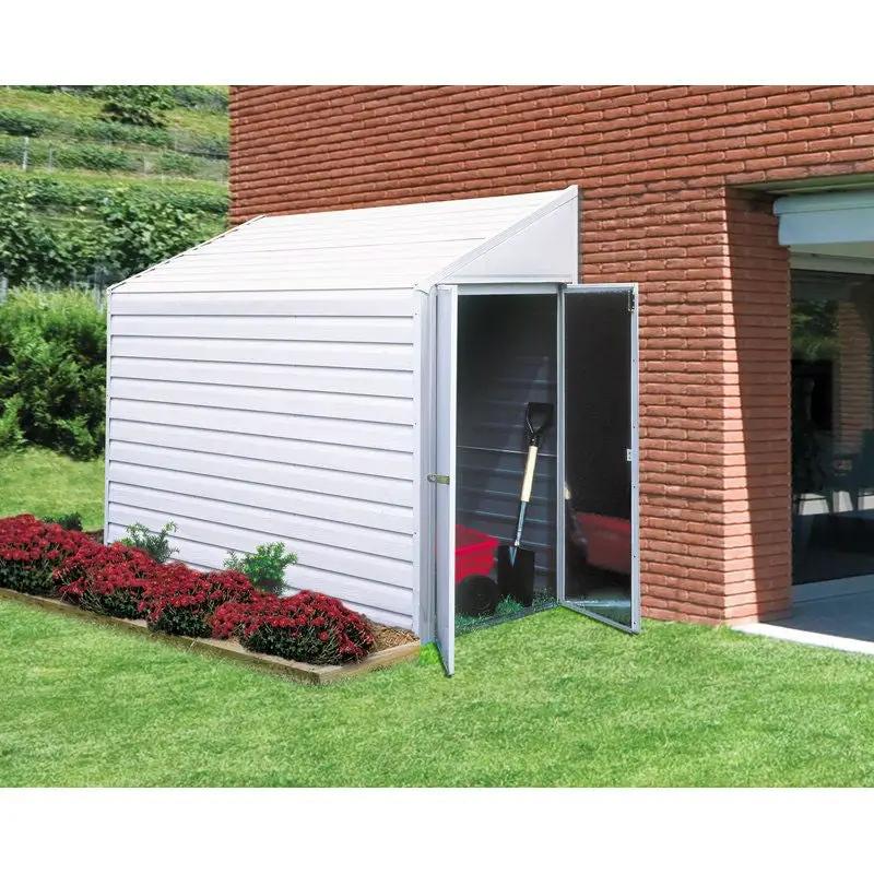 Outdoor Steel Shed 7x4 ft white with sloped roof, open door showing a shovel HomePacific on Tampa Home & Garden Store