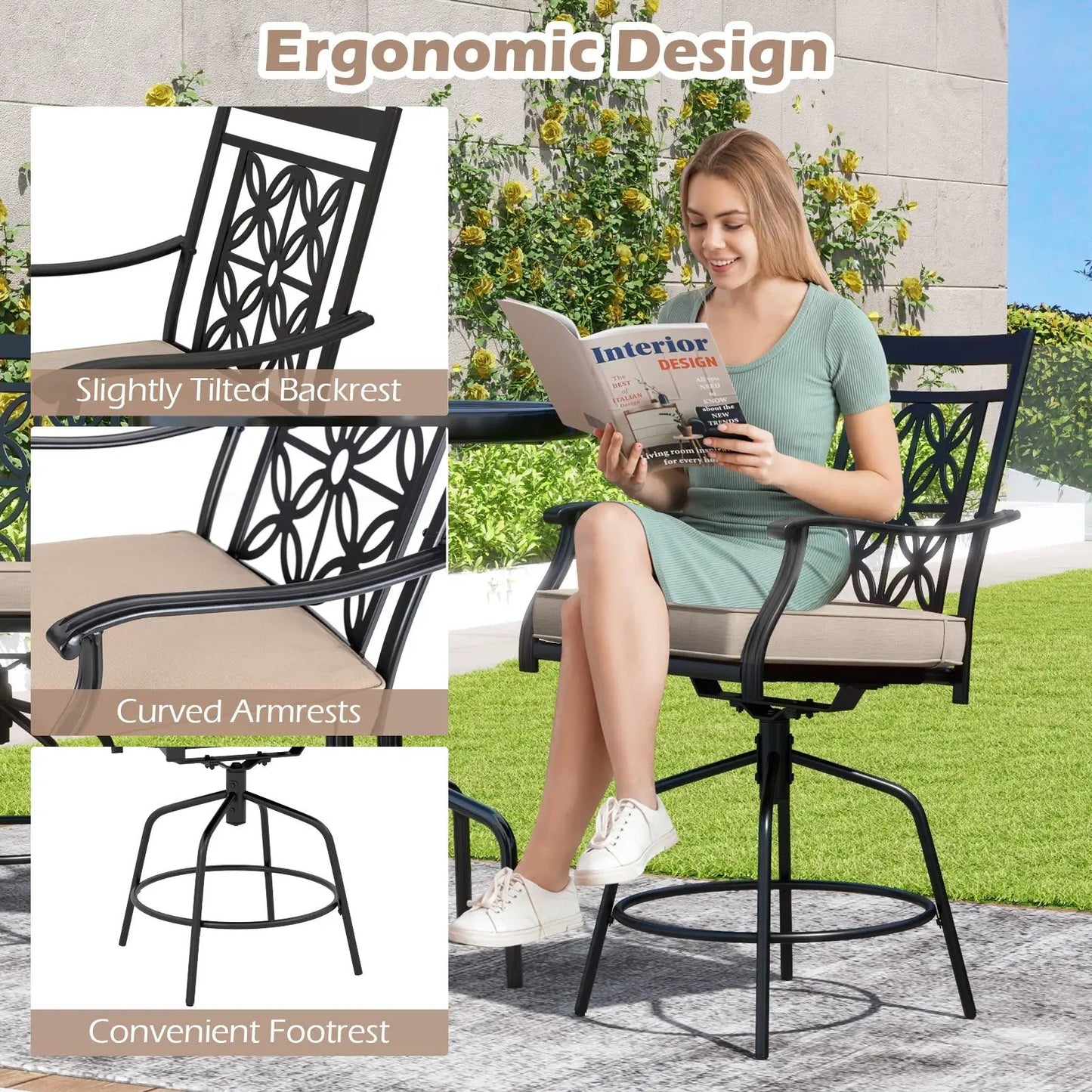 Outdoor Swivel Bar Stools set of 2 with brown cushions black metal frame and curved arms on Tampa Home & Garden Store