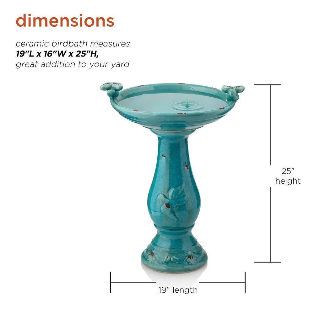 Outdoor turquoise ceramic birdbath with pedestal base, bird accents, 19in long, 25in high on Tampa Home & Garden Store
