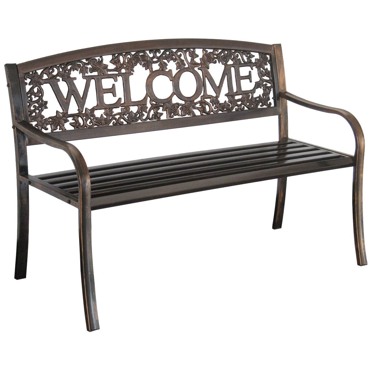Outdoor Weather Resistant Metal Garden Bench with Welcome Floral Back - Tampa Home & Garden Store