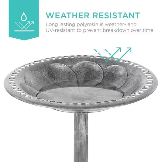Bird Bath weather resistant polyresin aged silver with scalloped rim on Tampa Home & Garden Store
