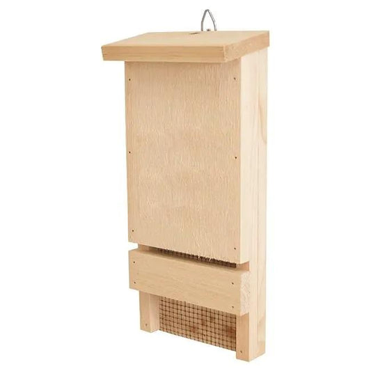 Outdoor wood bat house kit in natural unfinished wood with hanging loop and bottom mesh on Tampa Home & Garden Store