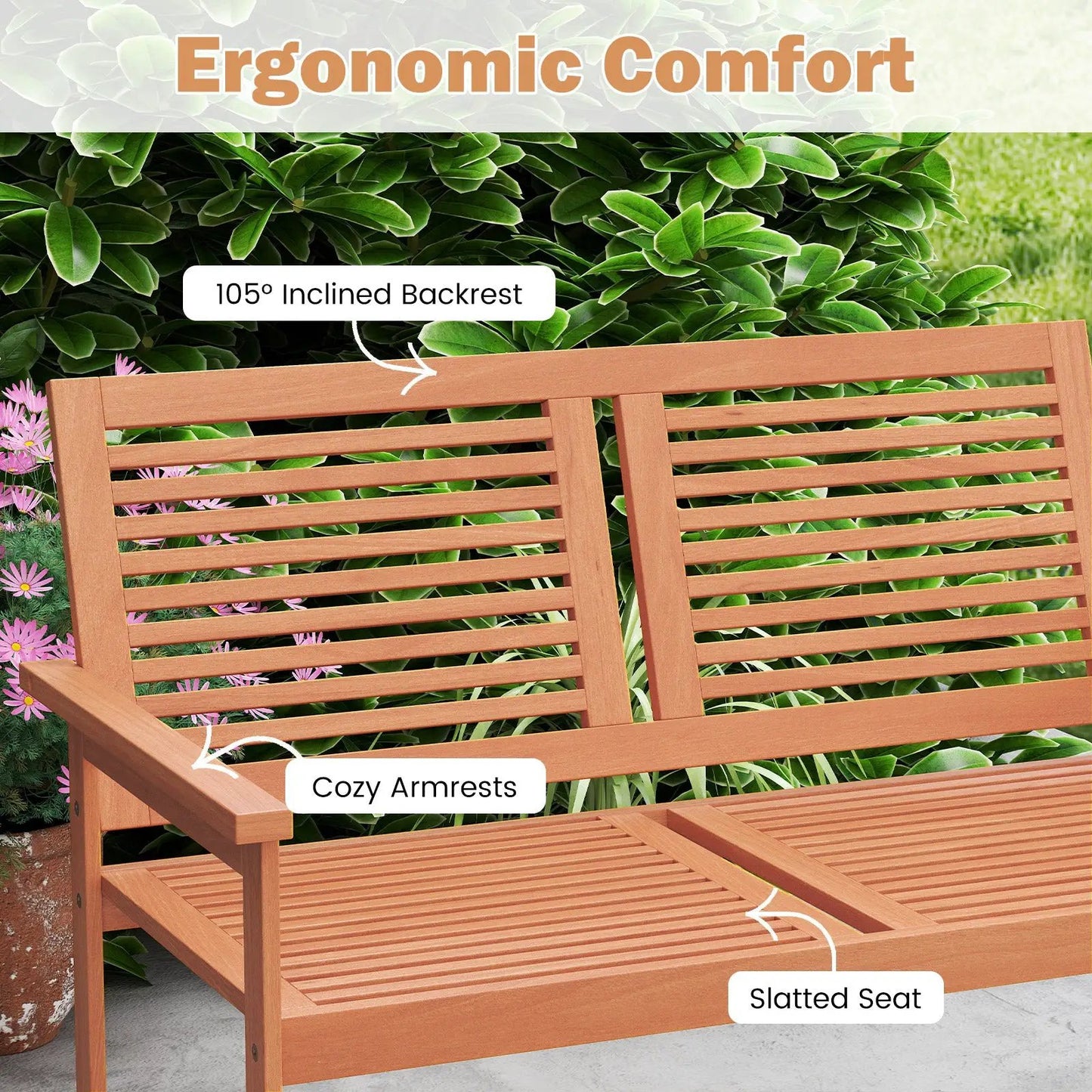 Outdoor two-person wooden patio bench with slatted backrest and seat, cozy armrests in warm brown finish on Tampa Home & Garden Store