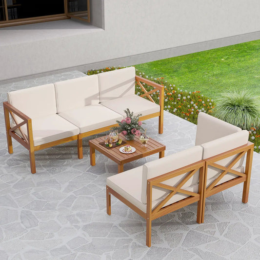 Outdoor 6 Pieces Acacia Wood Patio Sectional Furniture Set-Off White - Tampa Home & Garden Store