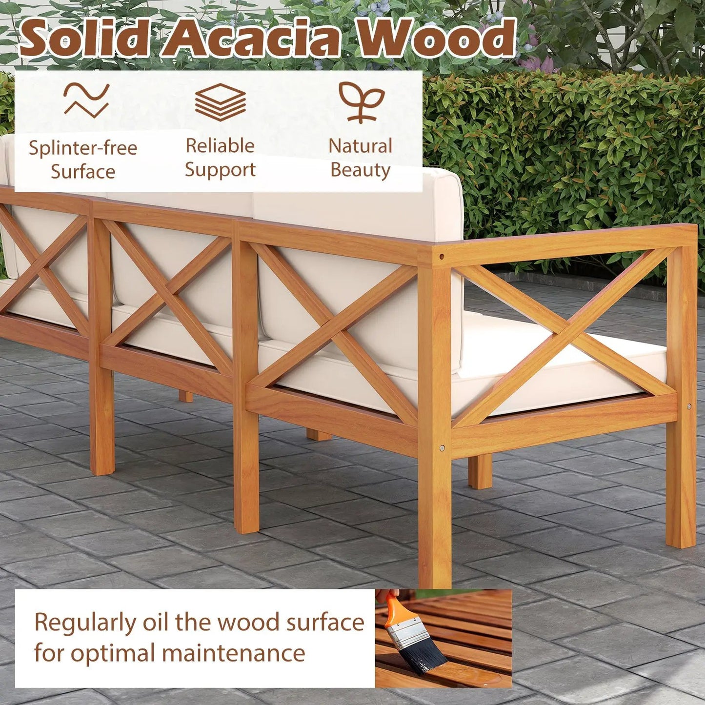 Outdoor 6-piece acacia wood patio sectional set with natural wood frame and white cushions on Tampa Home & Garden Store