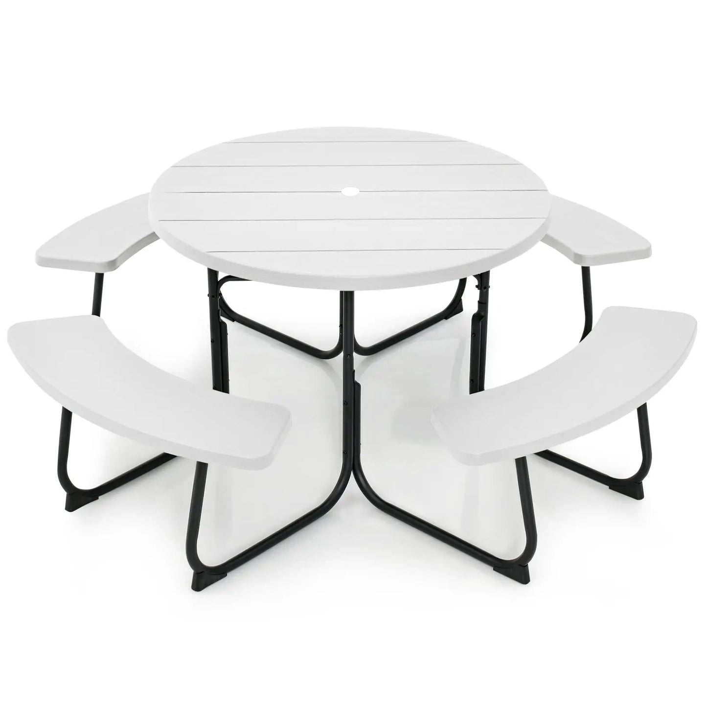 Round white 8-person picnic table with attached curved benches and umbrella hole on Tampa Home & Garden Store