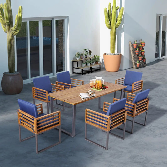 Outdoor Acacia Wood Patio Dining Chairs Set of 6 with Seat Back Cushions-Navy - Tampa Home & Garden Store