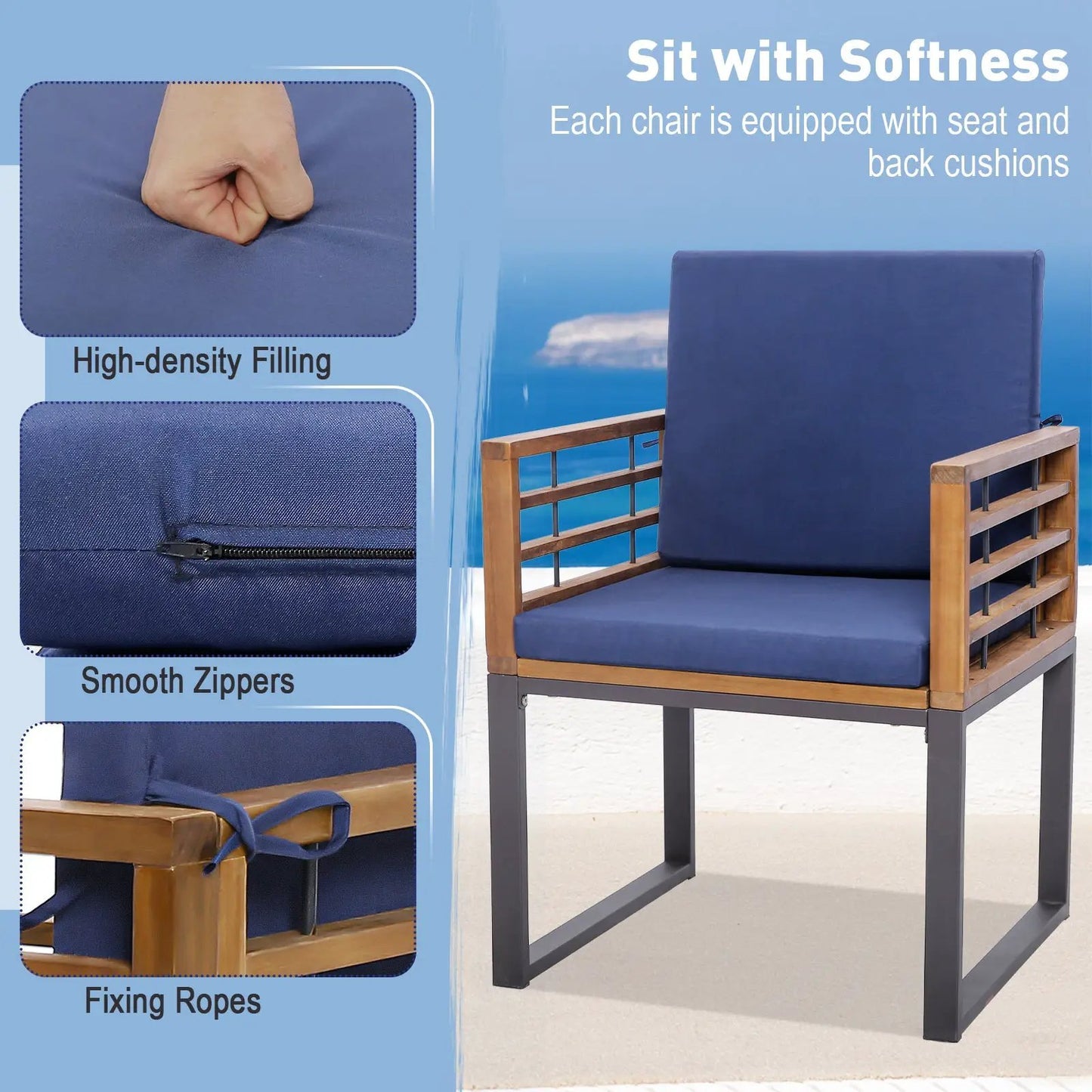 Outdoor acacia wood patio dining chair with navy cushion and armrests on Tampa Home & Garden Store