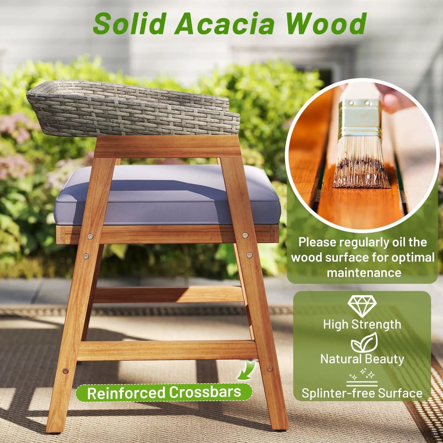 Outdoor Acacia Wood Wicker Chairs Set of 4 with gray cushions on Tampa Home & Garden Store