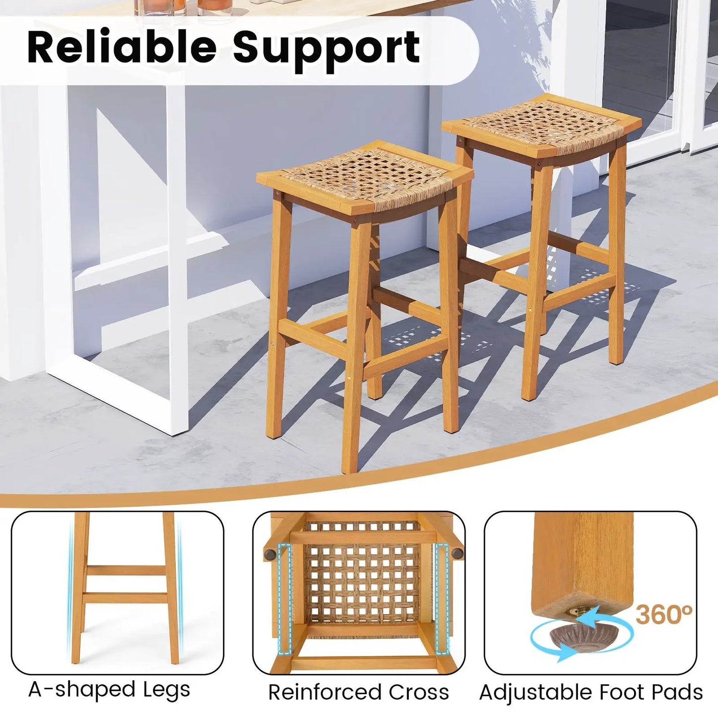 Outdoor Acacia Wood Bar Stools set of 2 with PE Rattan woven seats natural finish on Tampa Home & Garden Store