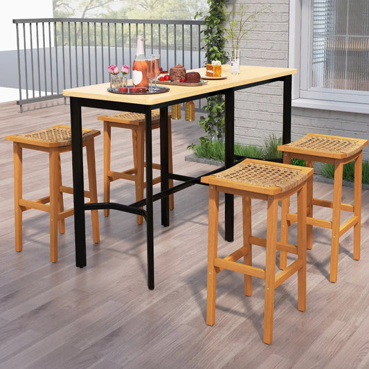 Outdoor Acacia Wood Bar Stools Set of 2 with PE Rattan Seats around a light wood bar table on Tampa Home & Garden Store