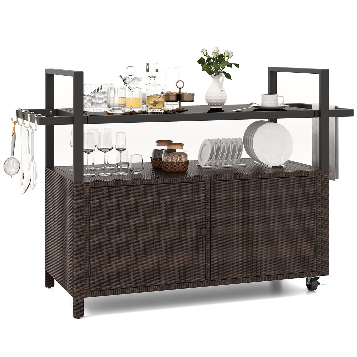 Outdoor Bar Cart Wicker Buffet Serving Cart with Cabinet and 8 Hooks-Black - Tampa Home & Garden Store