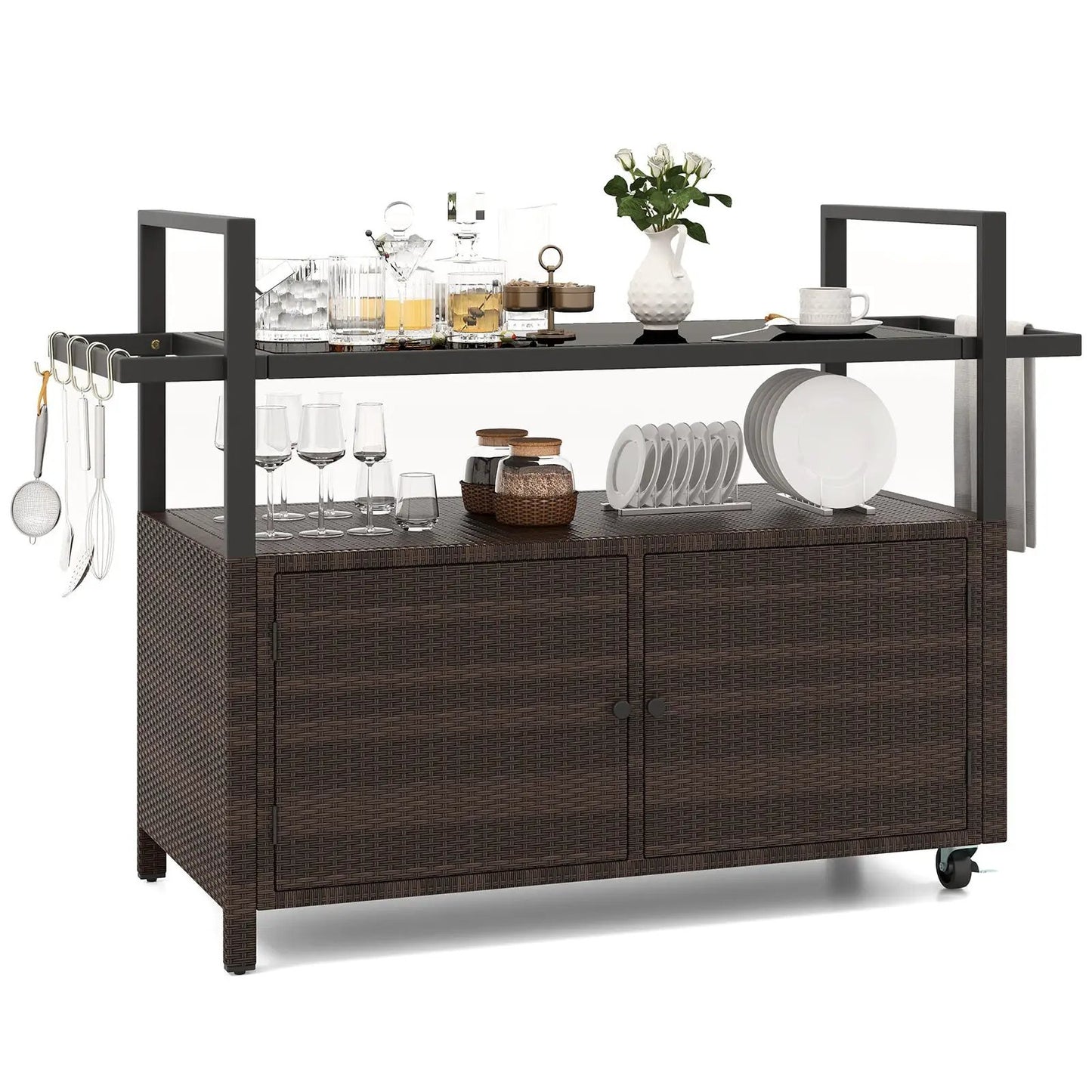 Outdoor bar cart wicker buffet with cabinet in dark brown, gray metal frame, 2-tier design on Tampa Home & Garden Store