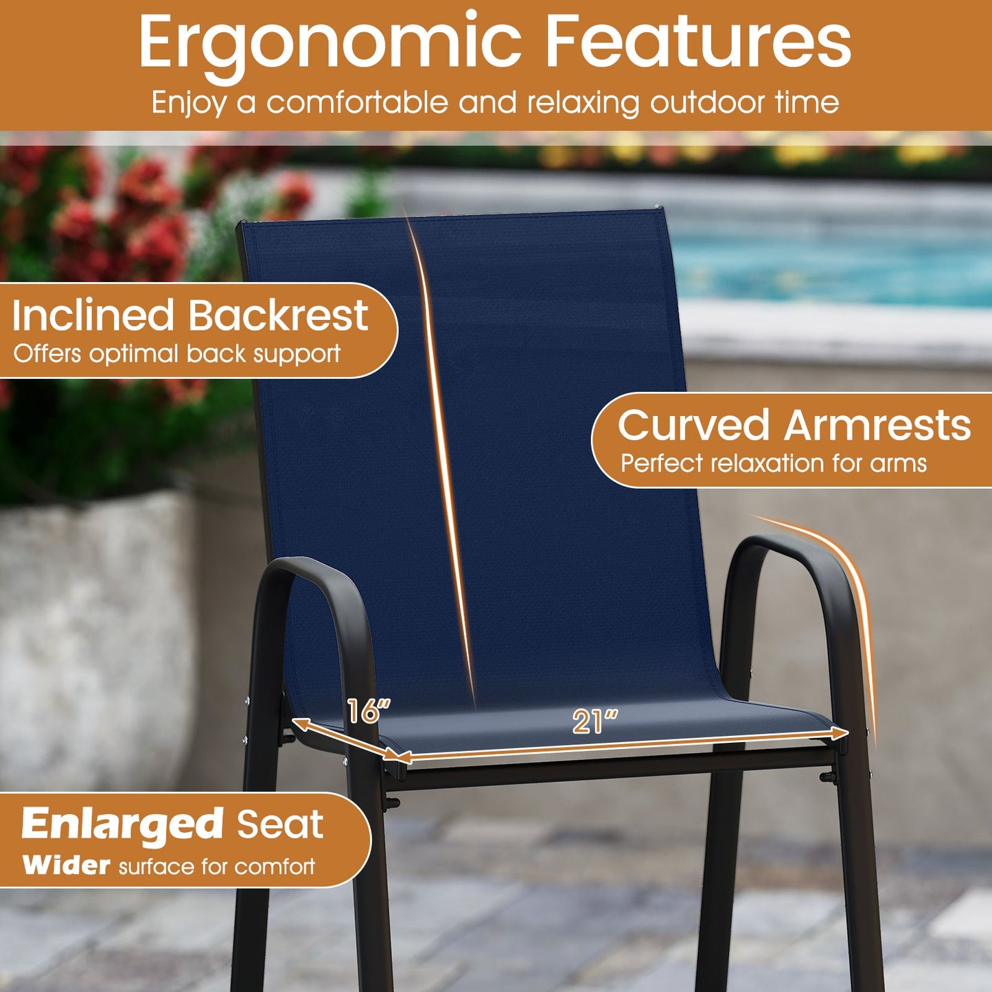 Outdoor Bar Stools set of 2, 29 in, black metal frame with navy fabric seat and armrests on Tampa Home & Garden Store