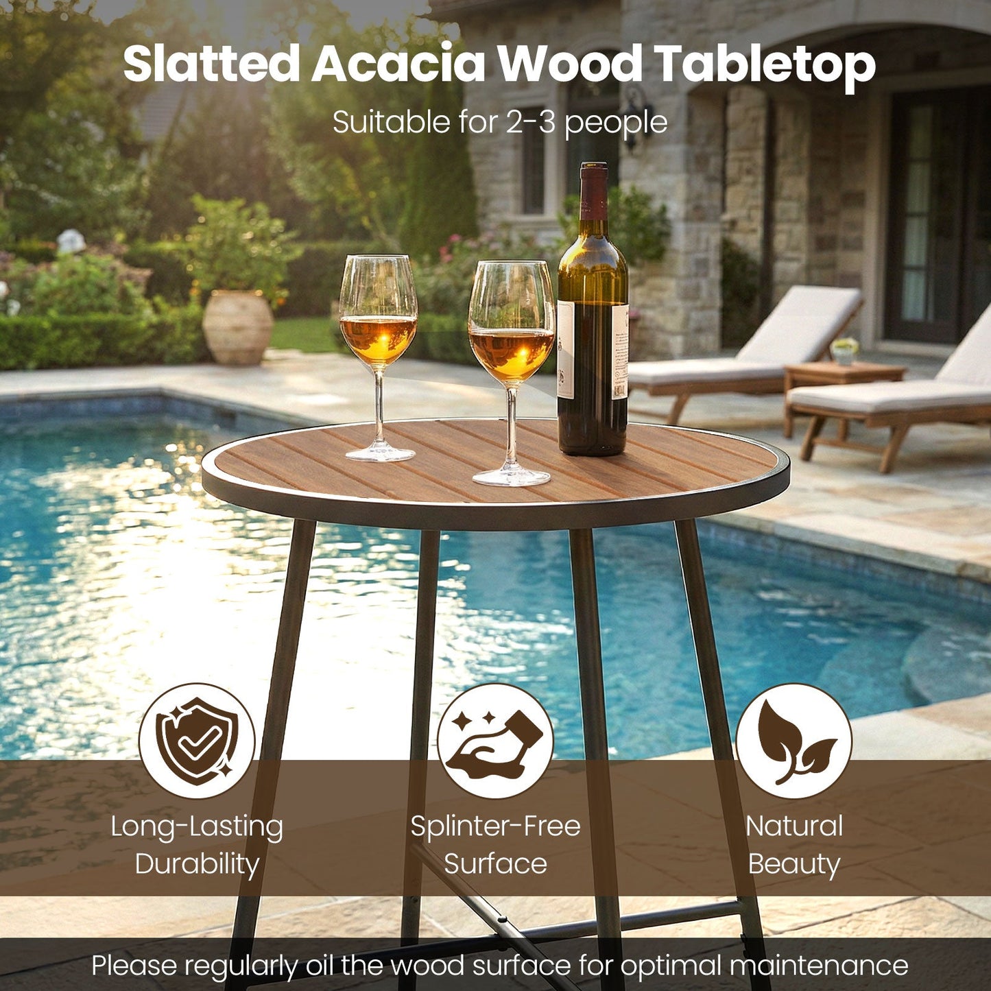 Outdoor Bar Table 41 Inch Bar Height with Acacia Wood Top and Metal Frame on Tampa Home & Garden Store