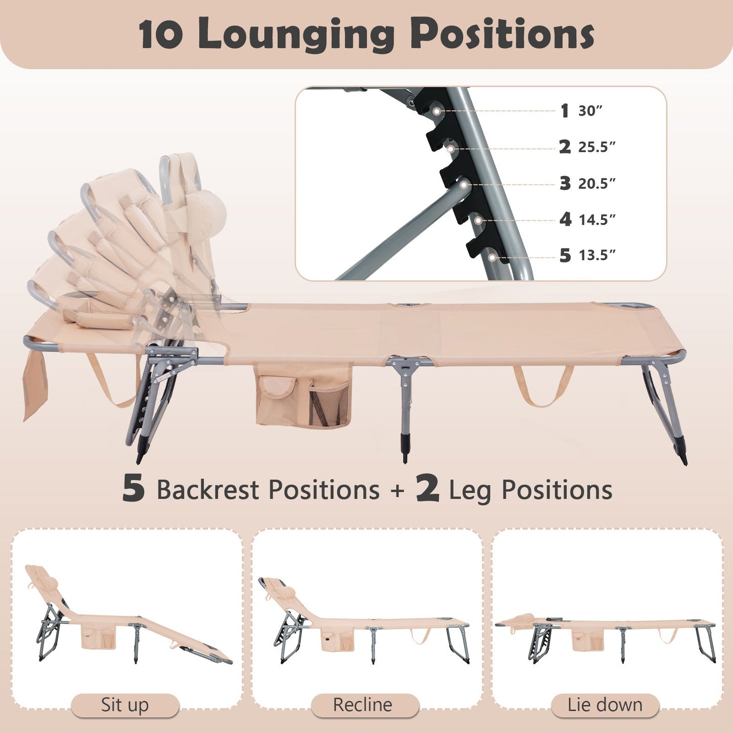 Folding Beach Lounge Chair with Beige Pillow, adjustable DirectDeals sunlounger on Tampa Home & Garden Store