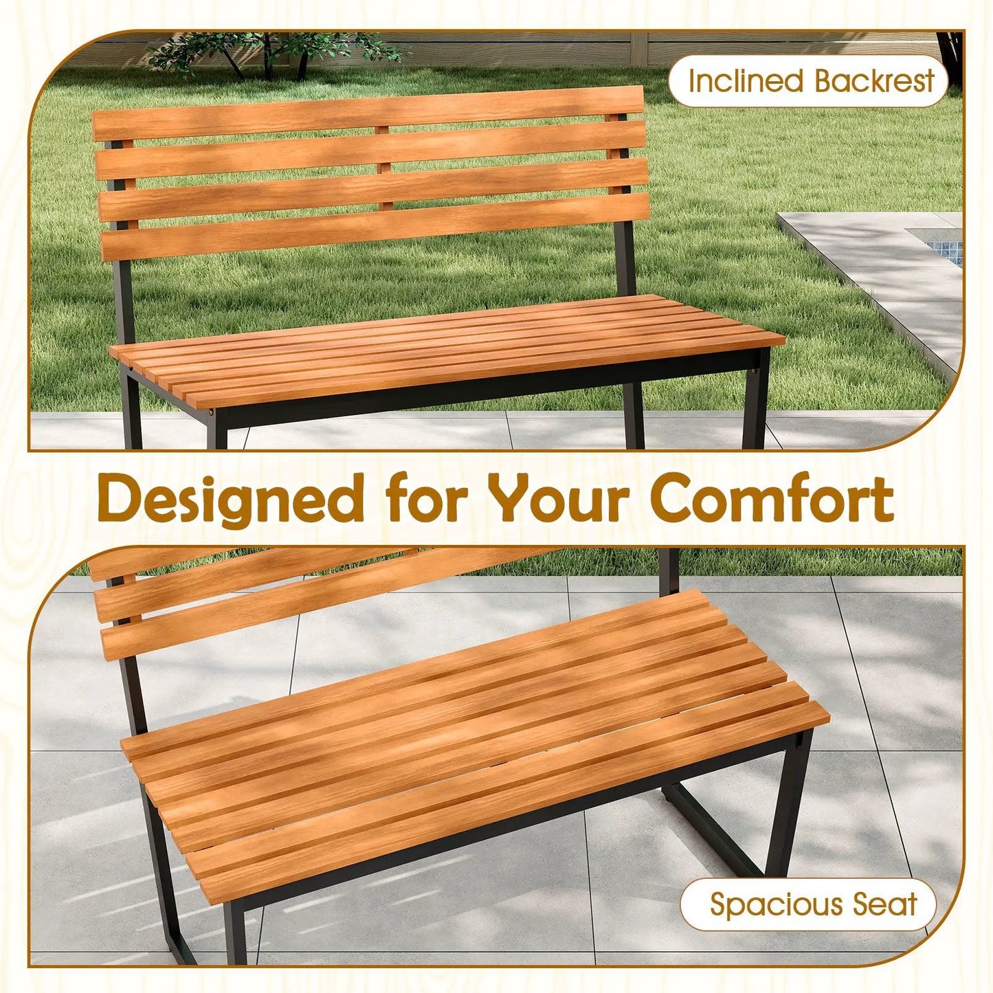 Outdoor Acacia Wood Patio Loveseat Backrest with black metal frame DirectDeals on Tampa Home & Garden Store